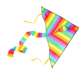 Beautiful bright rainbow kite isolated on white, top view