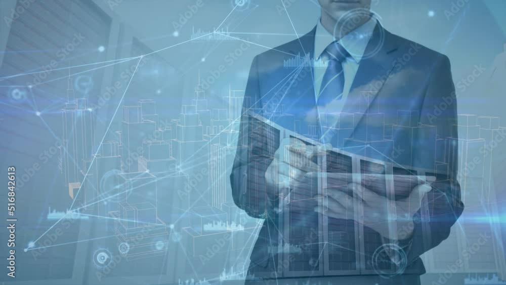 Poster animation of data processing over caucasian businessman with tablet