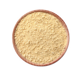 Wooden bowl with mustard powder isolated on white, top view