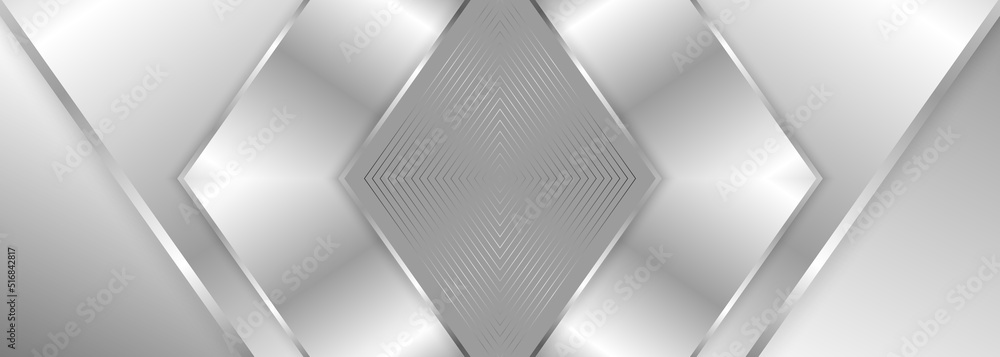 Poster abstract geometric wide metallic background with silver gradient lines, frame, arrows and shadows. e