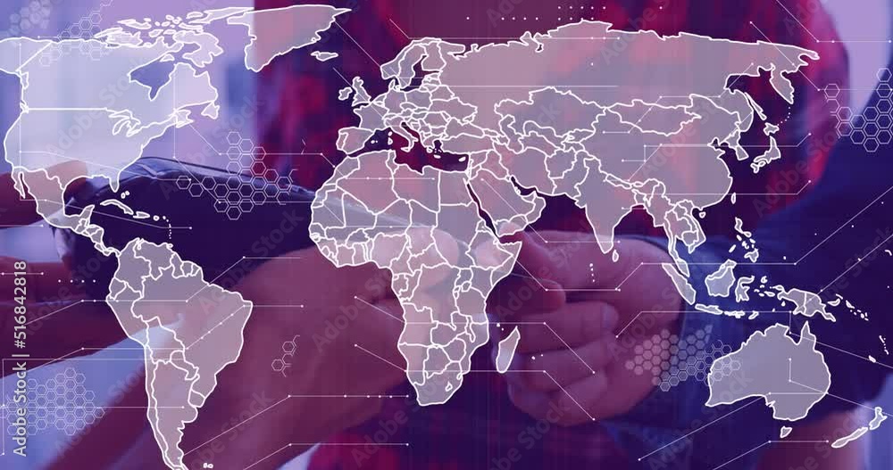 Poster animation of data processing with world map over diverse people paying with credit card