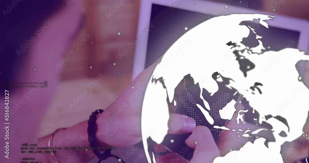 Poster animation of data processing with globe over caucasian woman using smartphone