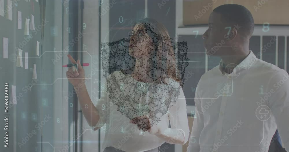 Poster animation of data processing with shield icon over diverse business people in office
