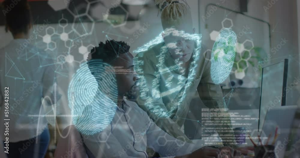 Poster animation of data processing with padlock icon over diverse business people in office