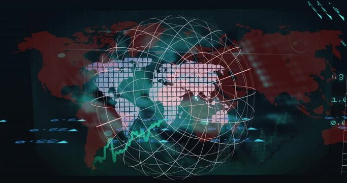 Animation of data processing over world map and globe