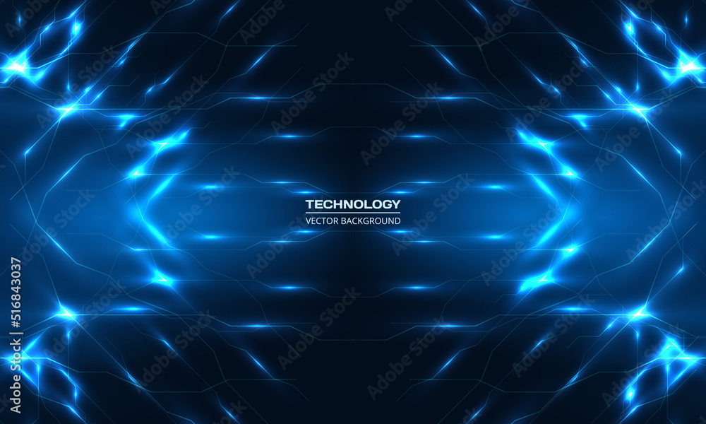 Poster Abstract technology background. Digital technology background with blue lines and light rays effect. Ai tech futuristic virtual reality cyberspace background. Vector illustration