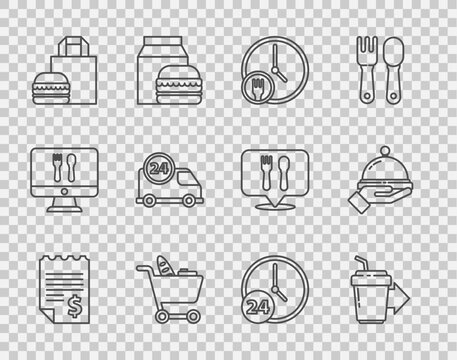Set line Paper or financial check, Coffee cup to go, Round the clock delivery, Shopping cart and food, Online ordering burger, Fast by, Clock 24 hours and Covered with tray icon. Vector