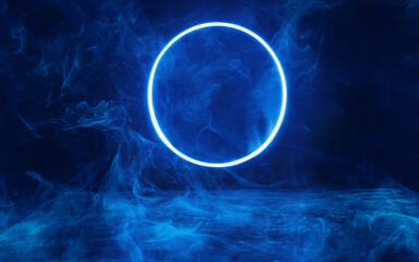 Neon blue color geometric circle on a dark background. Round mystical portal. Mockup for your logo....