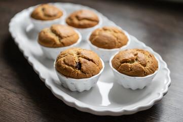Sweet muffins freshly baked on modern white plate