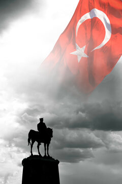 Silhouette of the monument of Ataturk and Turkish Flag on the sky