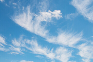 Summer blue sky, cirrus clouds light white background. beautiful summer blue background - obrazy, fototapety, plakaty