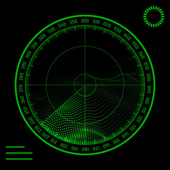 Digital green vector radar with targets in searching. Realistic military search sonar interface. HUD display illustration.
