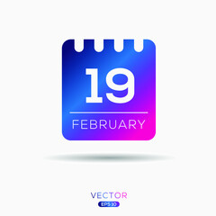 Creative calendar page with single day (19 February), Vector illustration.