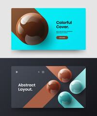 Unique 3D spheres front page template set. Abstract postcard design vector illustration collection.