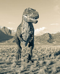 tyrannosaurus rex is standing up in plains and mountains