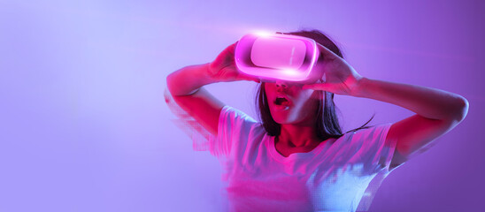 Surprised millennial lady in virtual reality glasses