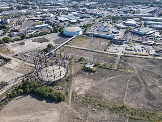 Aerial view of historic old gasometer in Hull, UK