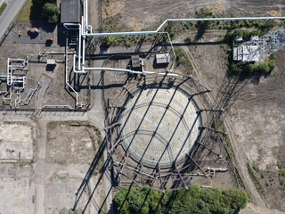 Aerial view of historic old gasometer in Hull, UK