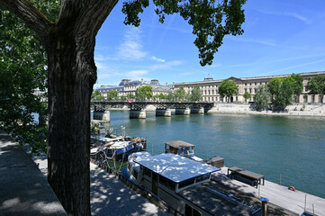 France, Paris, June 2022. The houseboats along the Seine. Tilt movement. Beautiful summer day.