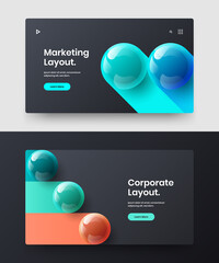 Minimalistic landing page design vector illustration composition. Unique realistic balls corporate identity layout bundle.