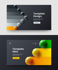 Unique company brochure vector design illustration set. Vivid realistic spheres landing page template collection.