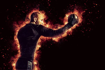 Fighter man in fire. Sport advertising. MMA boxer