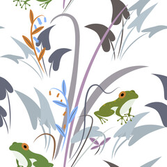 Fototapeta premium River plants and frogs on a white background. Seamless vector pattern.