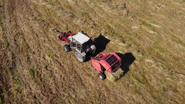 The tractor with the device collects hay in the field and packs it into bales, the tractor makes hay bales, drone view