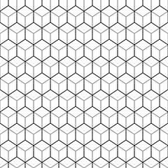 Repeated color interlocking polygons tessellation on black background. Seamless surface pattern design with regular hexagons. Hexagonal grid motif. Grey three pronged blocks. Honeycomb wallpaper.