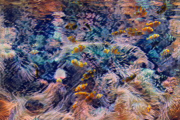 Fototapeta na wymiar Large aquarium saltwater tank with bright, vibrant colors, Clown Fish, and other corral fish. Edited to look like a colorful painting. 