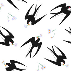 Swallow with flowers on a white background. Seamless vector pattern.