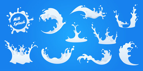 Obraz na płótnie Canvas Vector milk splash collection. White milk splatter in decorative style isolated on blue background. Design element for label, ad, promo.