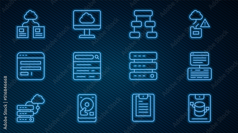 Poster set line server, data, web hosting, hierarchy organogram chart, search engine, browser window, cloud