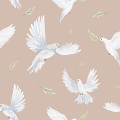 Watercolor white dove and olive branches seamless pattern. Hand drawn illustration for fabric, wrapping paper on beige background