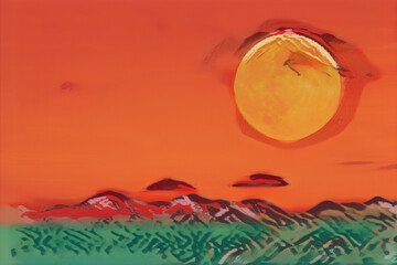 View of the moon rising over mountains in New Mexico with southwest color flare.  Edited to create a painted abstract painting or illustration. 