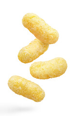 Flying delicious corn sticks, isolated on white background