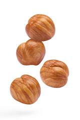 Flying delicious hazelnuts, isolated on white background	