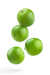 Flying delicious lime fruits, isolated on white background	