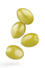 Flying delicious olives, isolated on white background