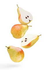 Flying delicious pears, isolated on white background