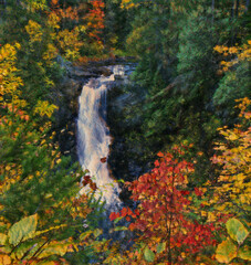 Moxie Falls in Maine, USA surrounded by fall foliage. Edited in colorful painting with bright autumn colors. 