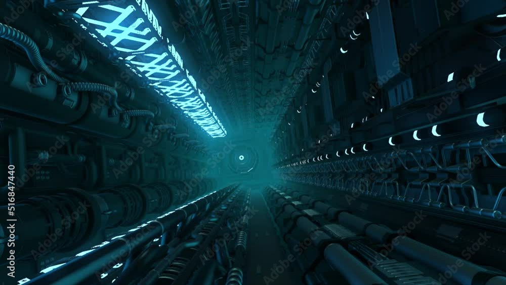 Poster corridor with pipes and lines in futuristic ship. motion. tunnel with neon lines and technological p