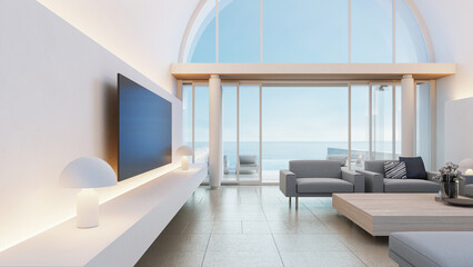 Luxury villa house on the beach sea view interior modern design - 3D rendering
