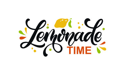 Lemonade Time handwritten text isolated on white background. Elegant modern brush calligraphy. Hand lettering for poster, postcard, label, sticker, logo, sign. Vector illustration. Summer fresh drink