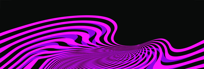 Abstract modern black background with violet pink line. Purple neon wave. Luxury long backdrop. Geometric glitch art digital screen. Poster, banner, flyer. Wallpaper. Card. Cover design. Metaverse.