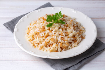 Traditional delicious Turkish food; Turkish style rice pilaf (Turkish name; Tel sehriyeli pirinc pilavi)
