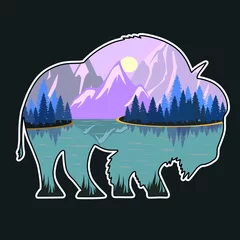 Foto op Plexiglas Mountain landscape in the silhouette of a bison. Mountains, lake, forest, wild animals. Stylized vector image © Марина Ризниченко