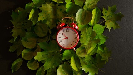 The old clock's hands spin and leaves change colour from green into orange. - Powered by Adobe
