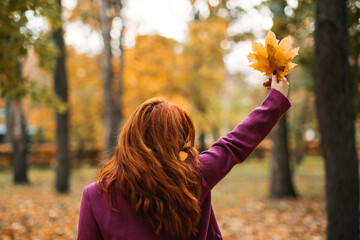 Back view faceless portrait of red-haired girl with fall leaves in hand. Autumn Portrait of happy...
