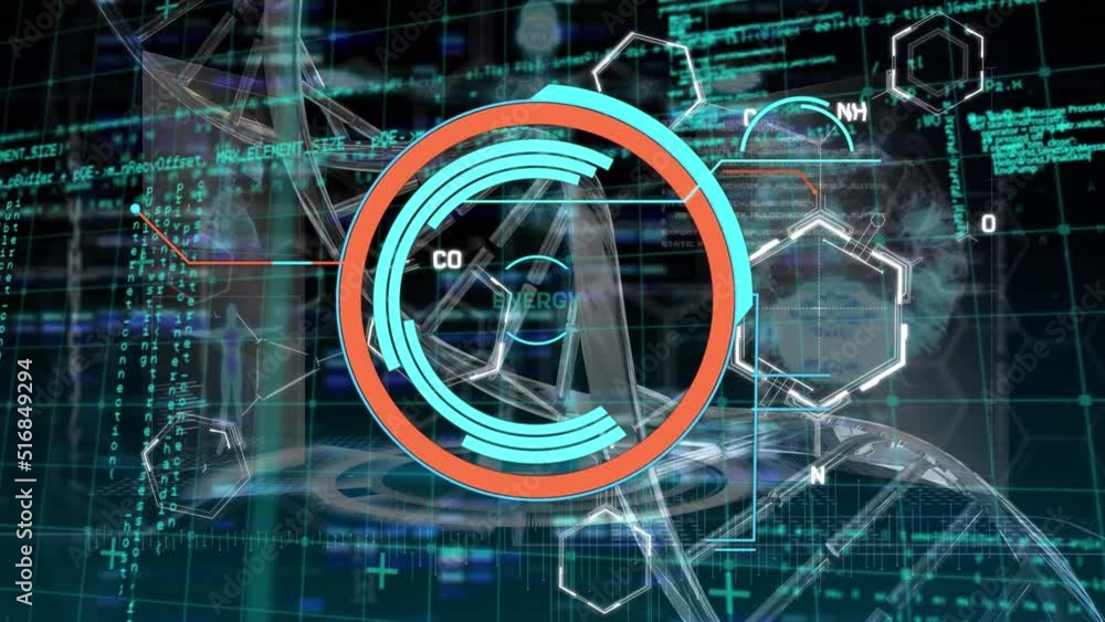 Poster animation of processing circle with energy, dna and data processing on black background